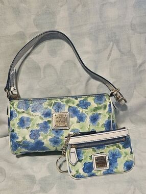 Dooney and Bourke Blue Petunias Mini Barrel Bag, Coin Case Keychain